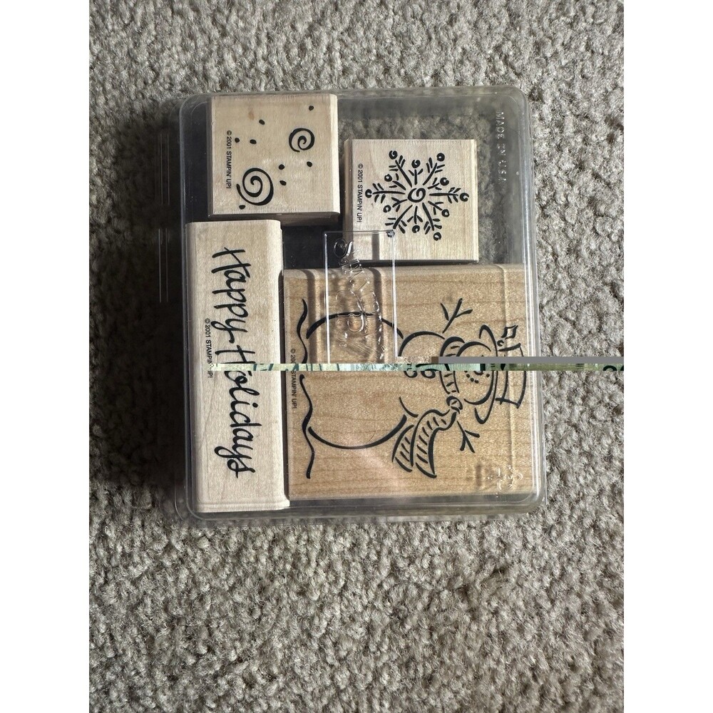 2001 Stampin Up Happy Holidays Winter Set Of 4 Wood Mounted Rubber Stamps